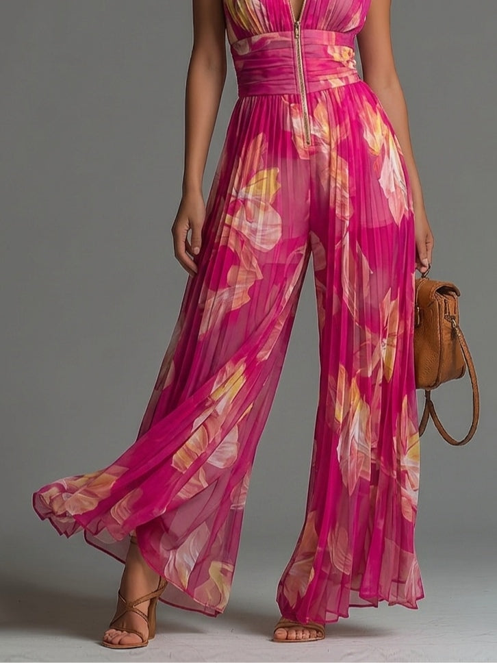 Isabel | Mono sin mangas de gasa plisada con cremallera y estampado floral fucsia