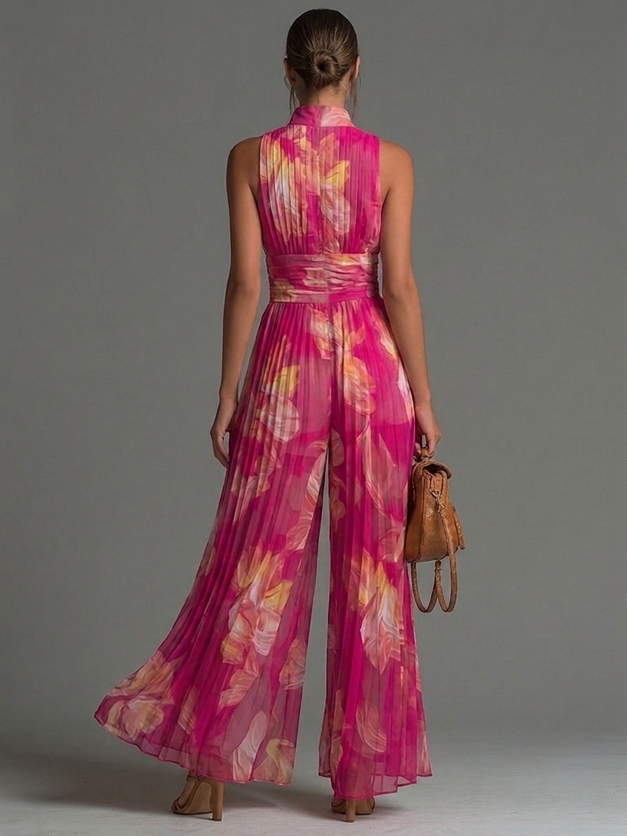 Isabel | Mono sin mangas de gasa plisada con cremallera y estampado floral fucsia