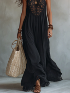 Marta | Vestido largo negro sin mangas con encaje de estilo bohemio