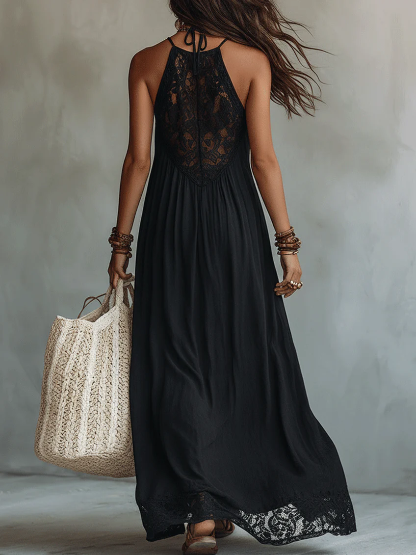 Marta | Vestido largo negro sin mangas con encaje de estilo bohemio