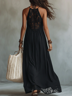 Marta | Vestido largo negro sin mangas con encaje de estilo bohemio