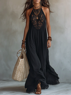 Marta | Vestido largo negro sin mangas con encaje de estilo bohemio