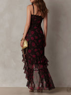 Rosalía | Vestido elegante negro y rojo con flores y volantes en el bajo