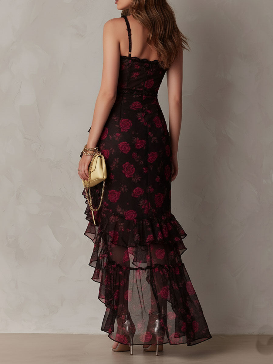 Rosalía | Vestido elegante negro y rojo con flores y volantes en el bajo