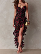 Rosalía | Vestido elegante negro y rojo con flores y volantes en el bajo