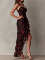 Rosalía | Vestido elegante negro y rojo con flores y volantes en el bajo