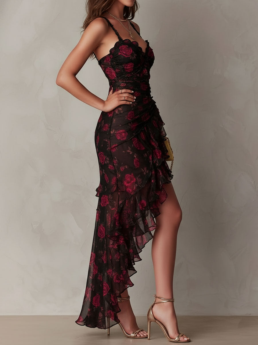 Rosalía | Vestido elegante negro y rojo con flores y volantes en el bajo