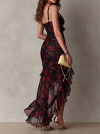 Rosalía | Vestido elegante negro y rojo con flores y volantes en el bajo