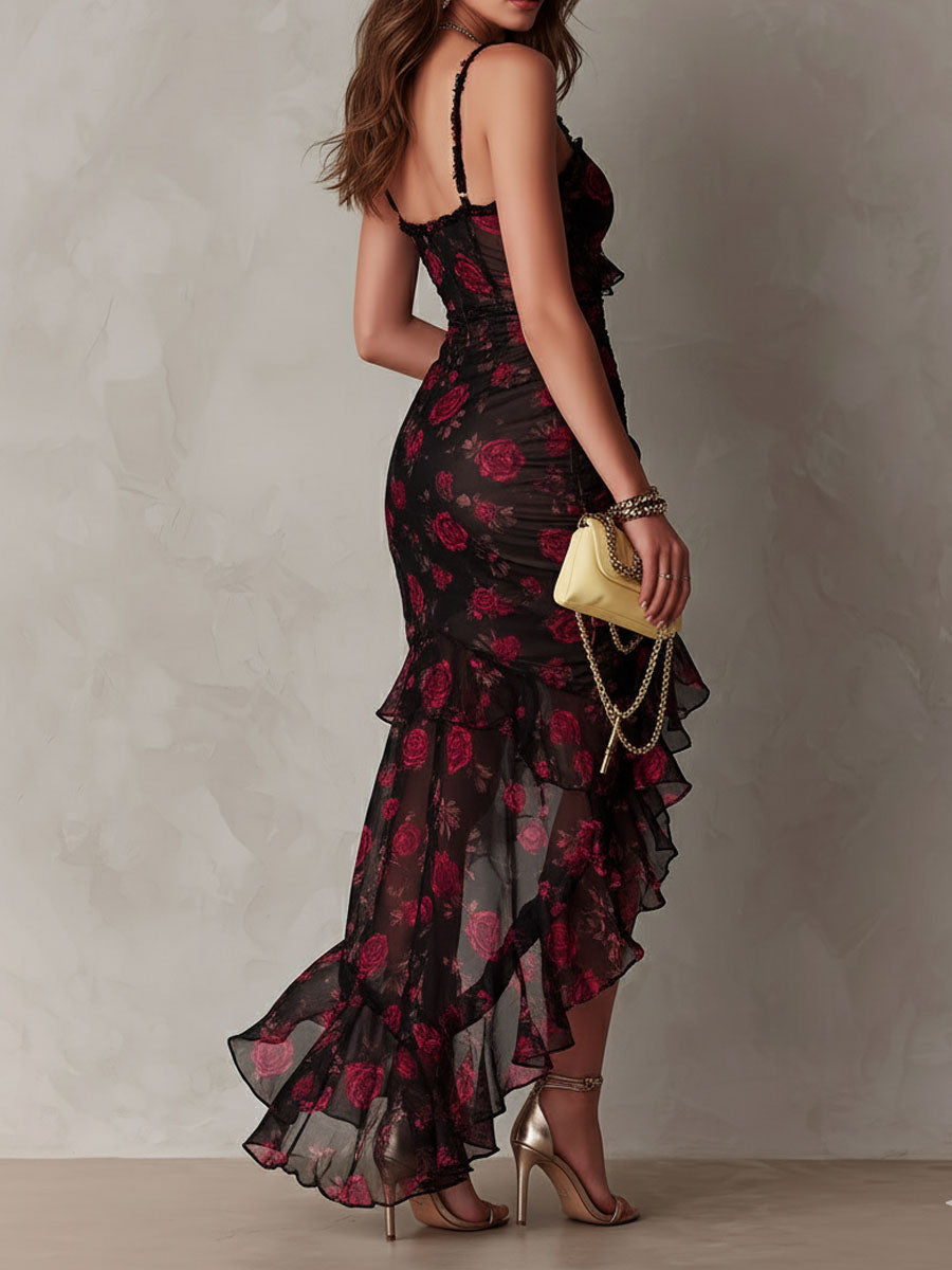 Rosalía | Vestido elegante negro y rojo con flores y volantes en el bajo