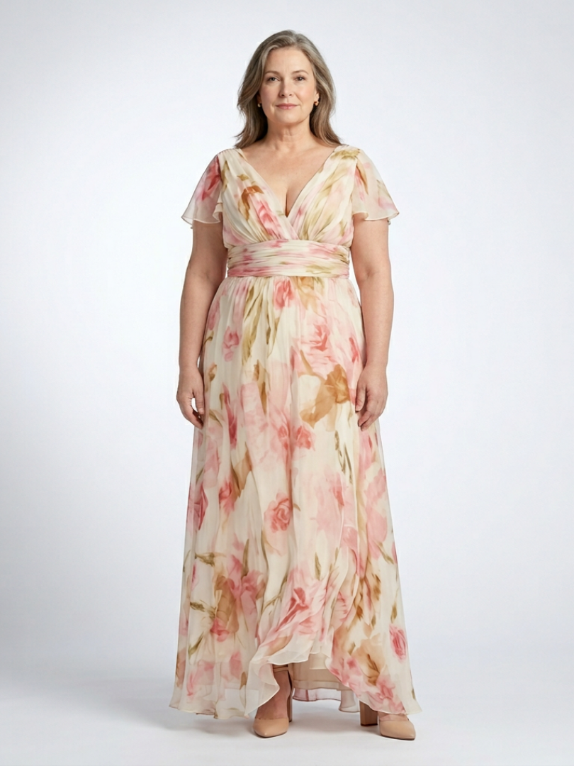 Maya | Vestido largo de manga corta con cuello en V y estampado floral