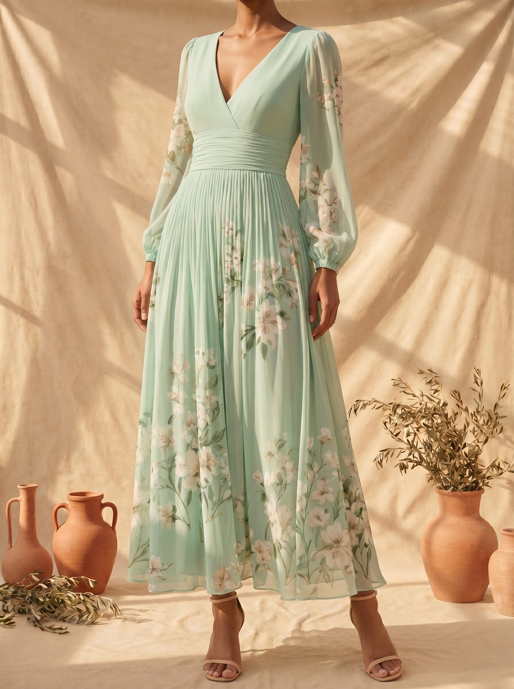 Mireya | Vestido midi verde claro con estampado floral