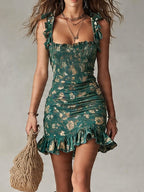 Mara | Vestido mini estampado verde de estilo bohemio con volantes