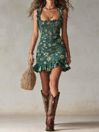 Mara | Vestido mini estampado verde de estilo bohemio con volantes