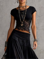 Francesca | Top de encaje negro transparente y falda maxi plisada