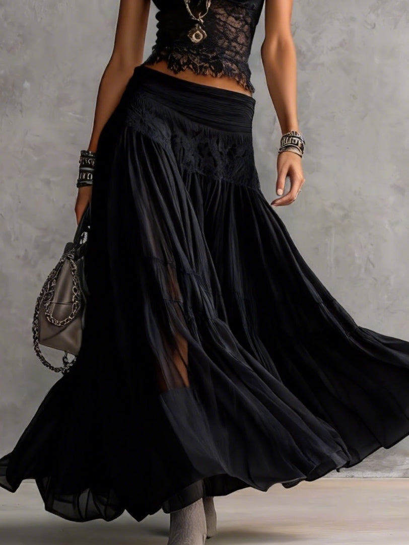 Francesca | Top de encaje negro transparente y falda maxi plisada